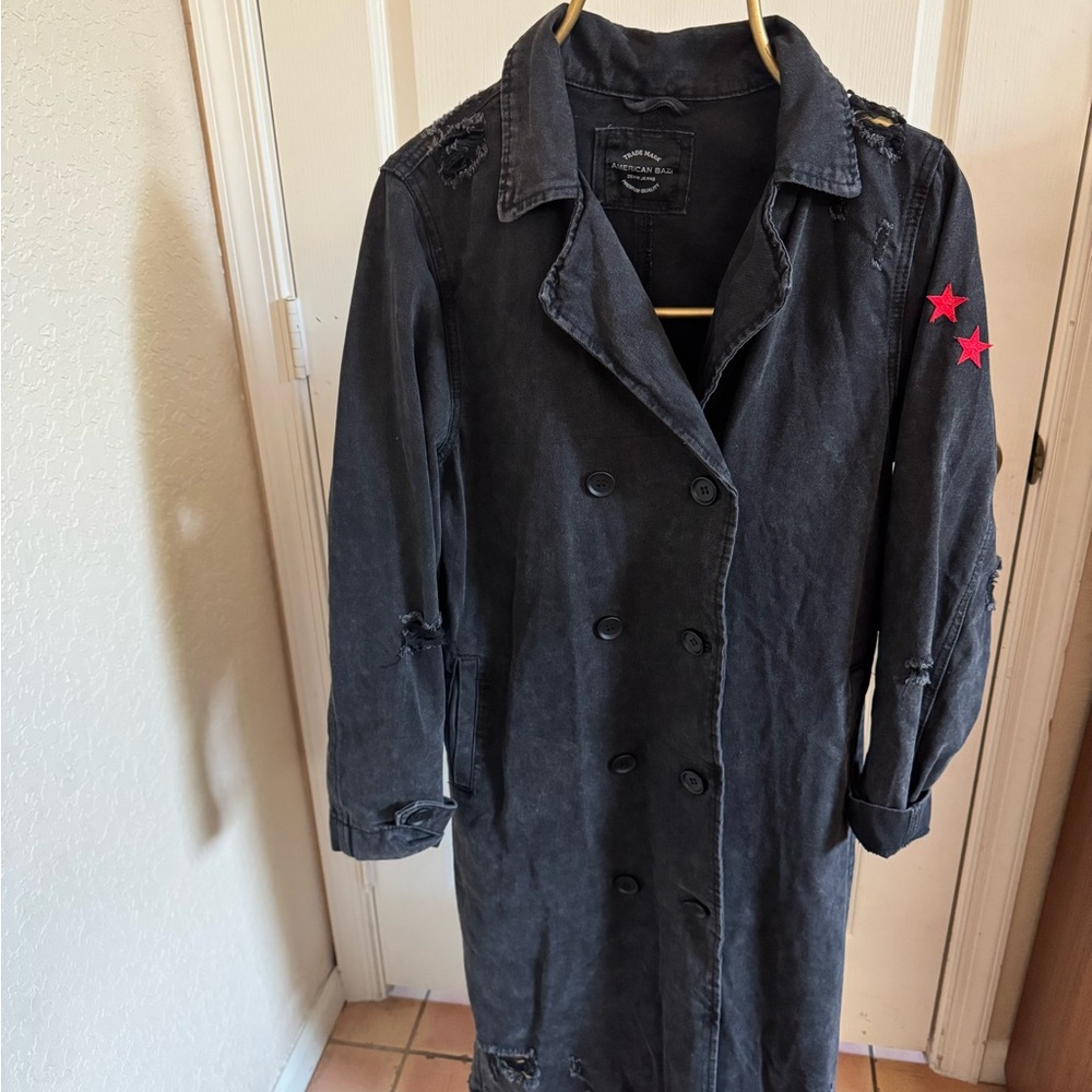 American Baci Black Double-Breasted Coat with Red Star Accents